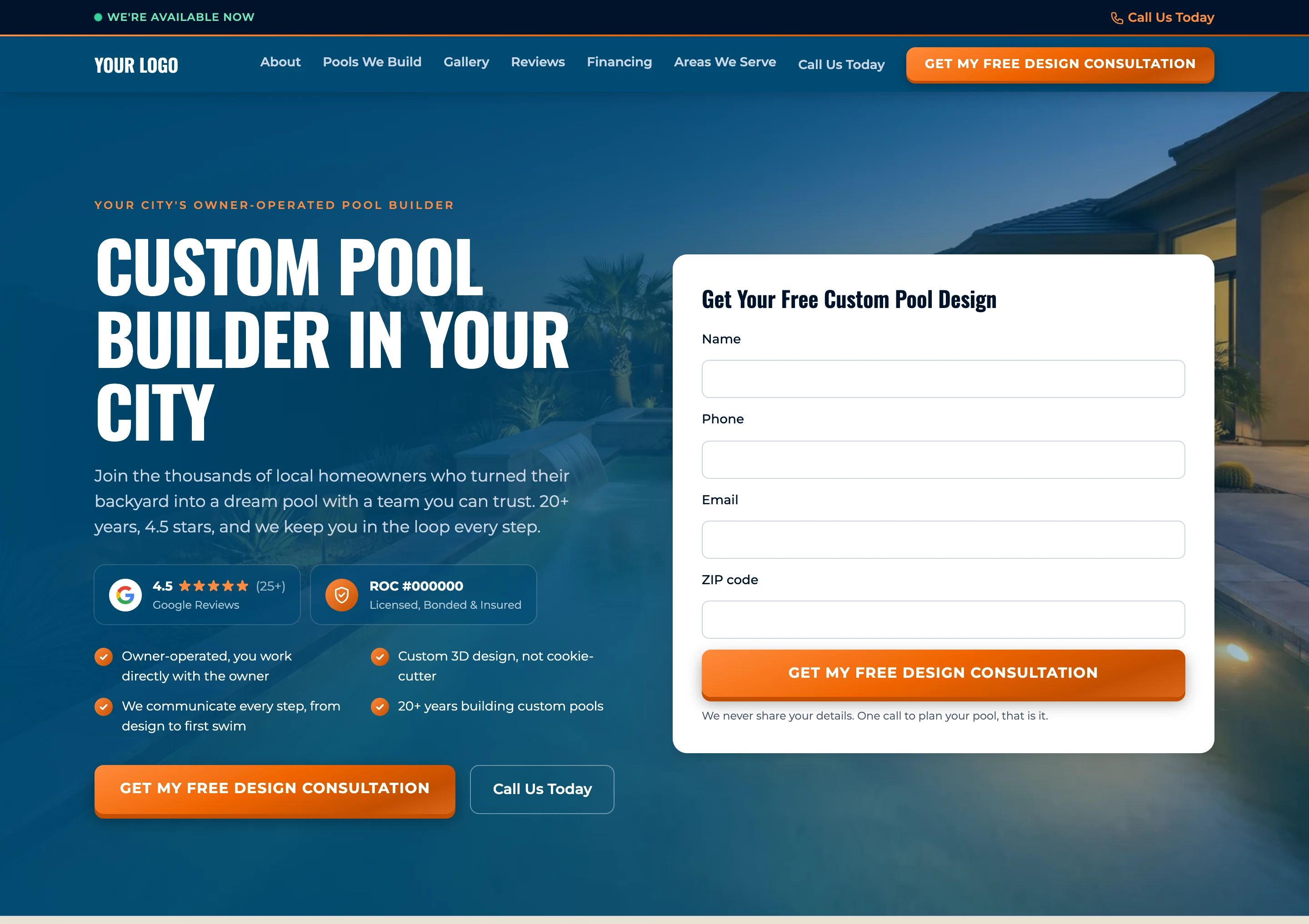 Example pool-builder homepage designed by Gunite Digital